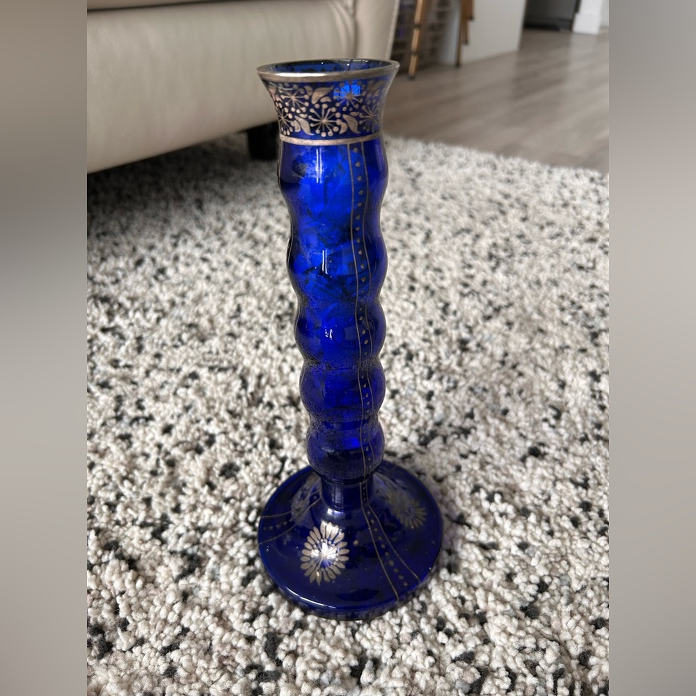 Blue Glass Candle Holder with Floral Design